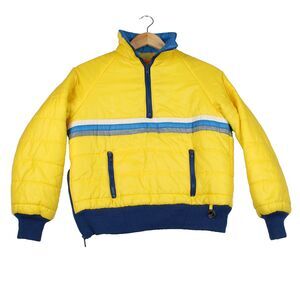 Vintage 80's Girls Youth Ski Jacket Size L JC Penney Puffer Yellow Striped Coat